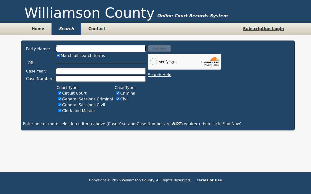 Williamson County civil docket TnCIS search fields