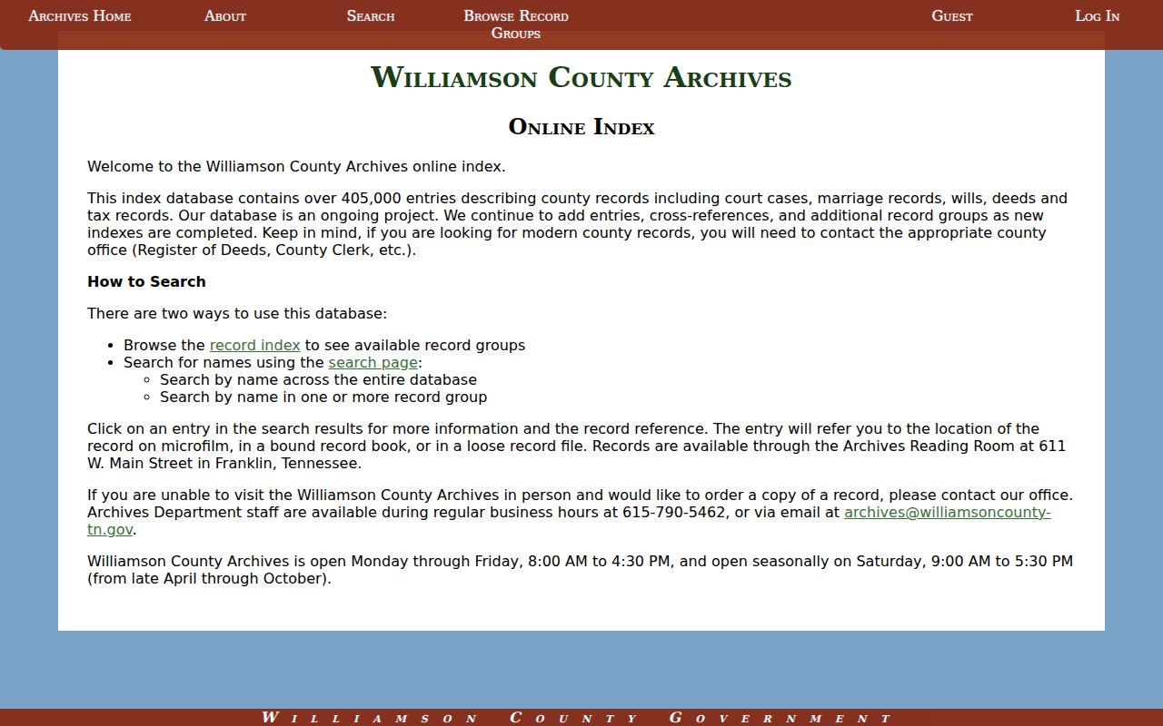 Williamson County Archives historic record index