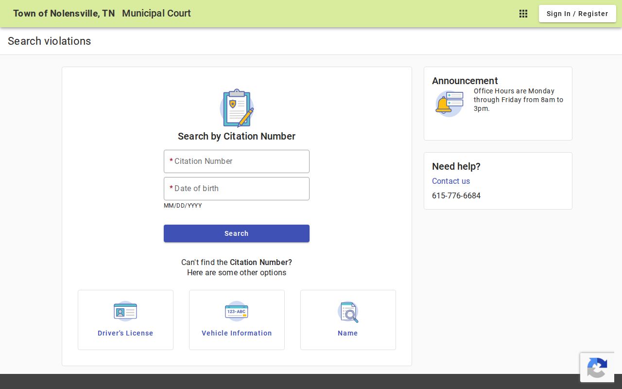 Nolensville municipal traffic ticket search fields